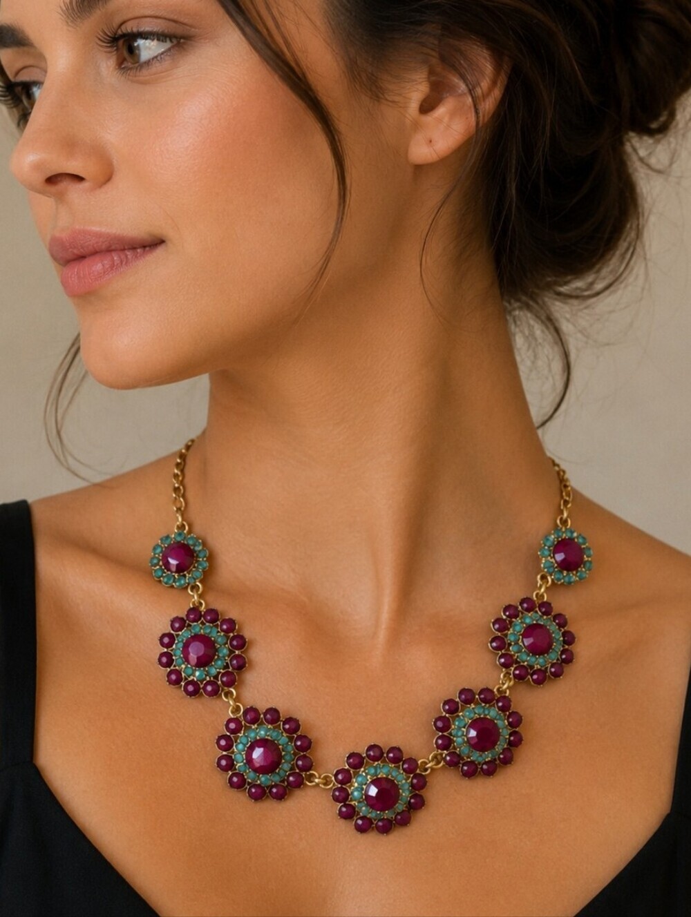 Vintage Purple Teal Floral Chain Necklace